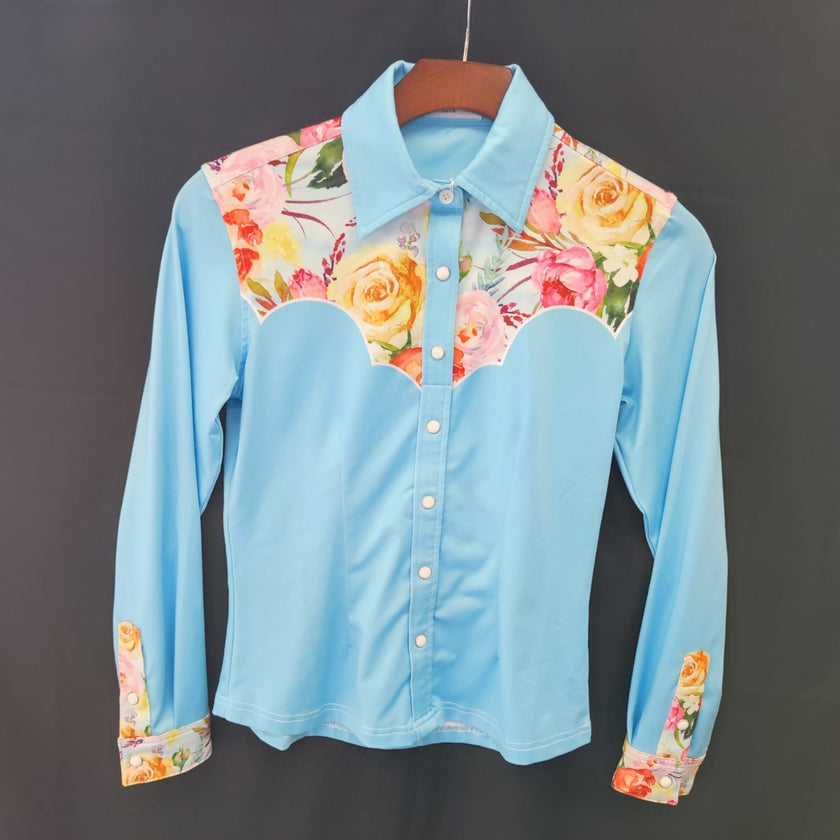 Light blue KHS-E RD Youth Large Rodeo Show Shirt with floral yoke and cuffs.