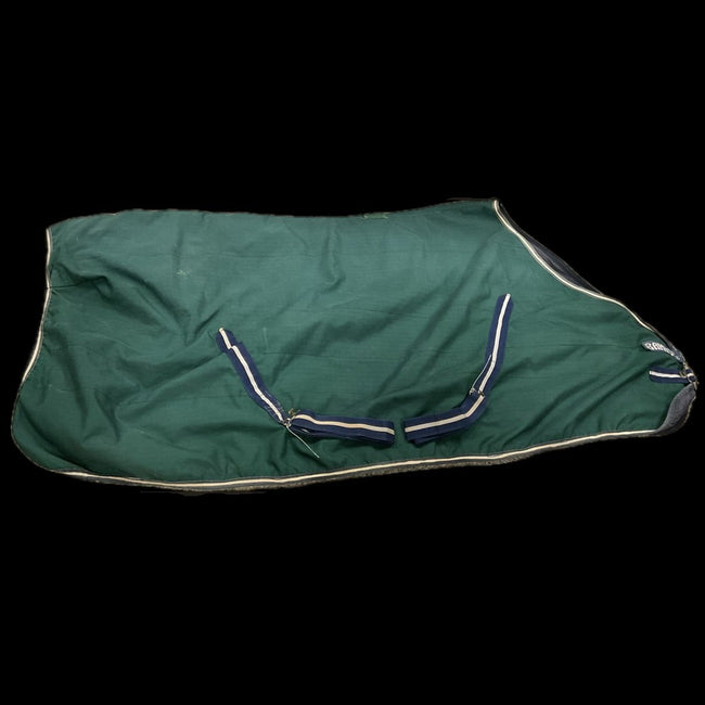 Green horse blanket with white and blue trim 