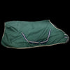 Green horse blanket with white and blue trim 