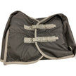 KHS-E Rider’s International™ Supreme Turnout Sheet - Dark gray horse blanket with beige trim and buckles.