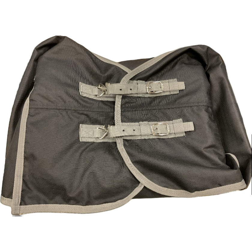 KHS-E Rider’s International™ Supreme Turnout Sheet - Dark gray horse blanket with beige trim and buckles.