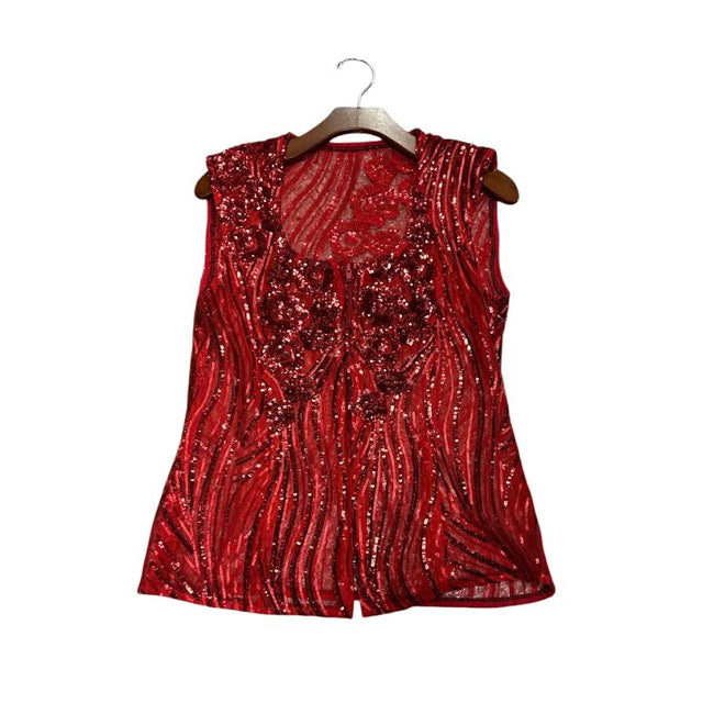 KHS-E Small Western Sequin Vest - Red sequin sleeveless top on a hanger against a white background