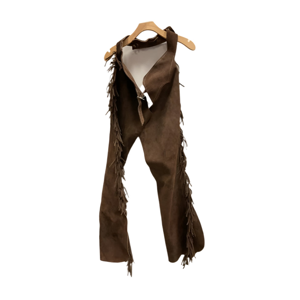 KHS-E Vintage Brown Suede Chaps with Fringe on a hanger