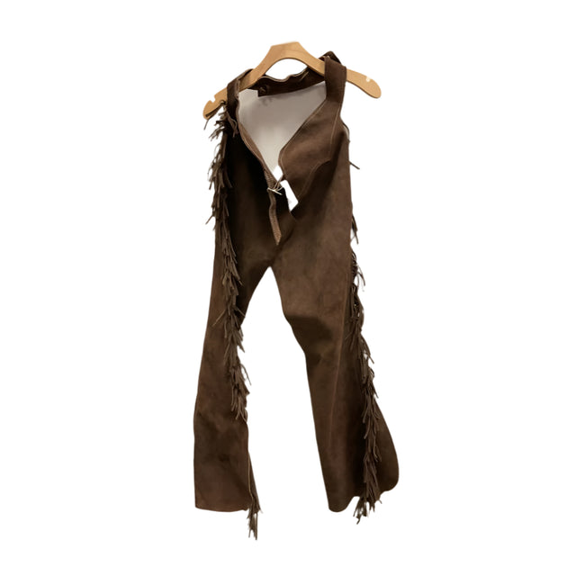 KHS-E Vintage Brown Suede Chaps with Fringe on a hanger