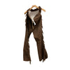 KHS-E Vintage Brown Suede Chaps with Fringe on a hanger