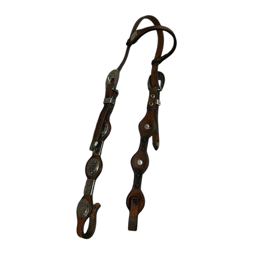 Brown leather KHS-E Western Headstall with metal hardware 