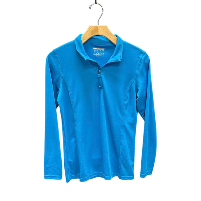 KHS-E XS Sun Shirt, Blue long-sleeve shirt on a hanger against a white background