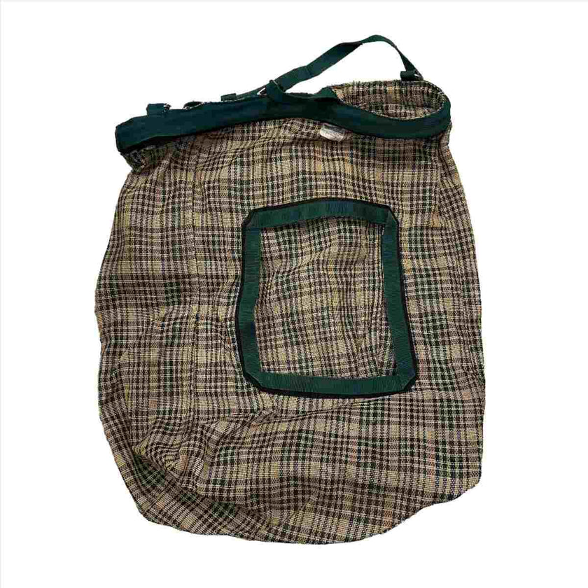 KHS-E Kensington mesh Hay Bag Tan plaid mesh hay bag with green straps and handle.