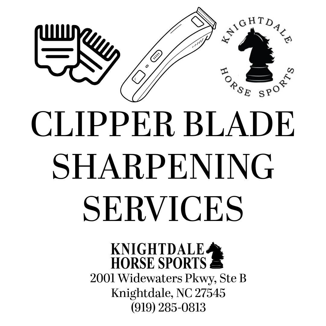 Advertisement for clipper blade sharpening services at Knightdale Horse Sports with branding elements.