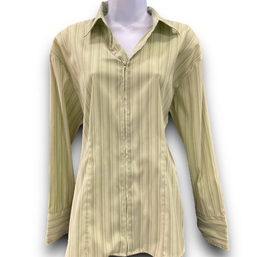 KHS EXCHANGE 2X Light Green Striped Zip Front Woman's Shirt