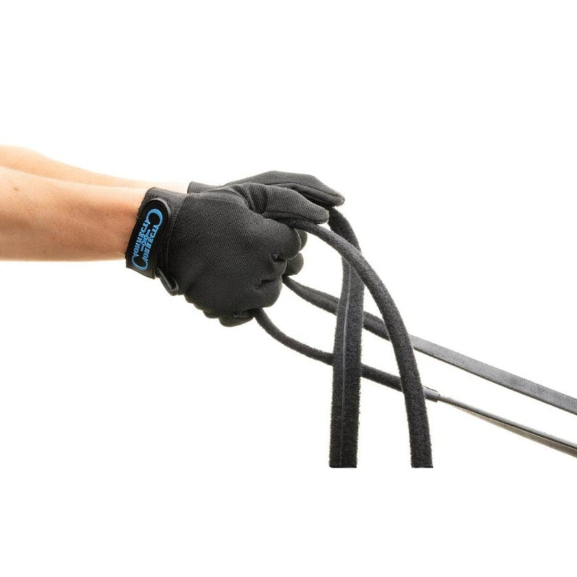 KHS EXCHANGE Correct Connect Rein and Glove Training System shows rider wearing gloves and holding the reins.