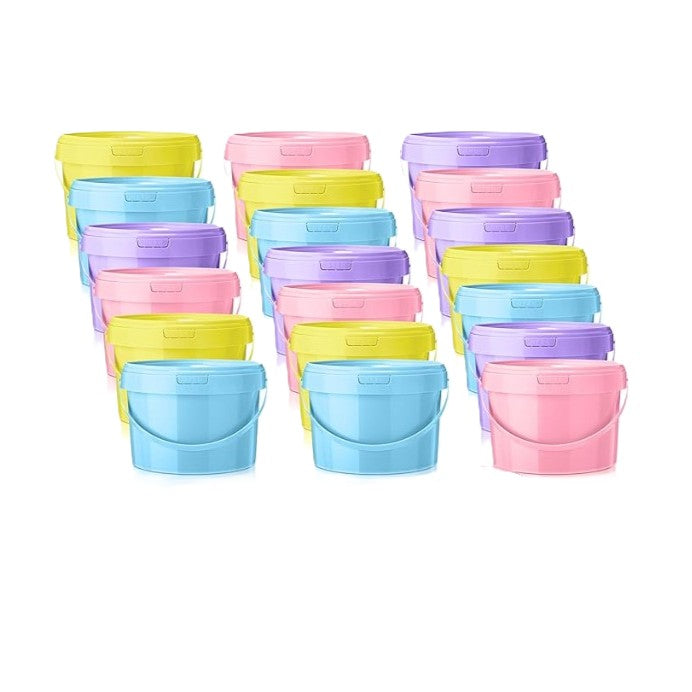 KHS Feed Bucket With Lid in blue, yellow, purple, and pink