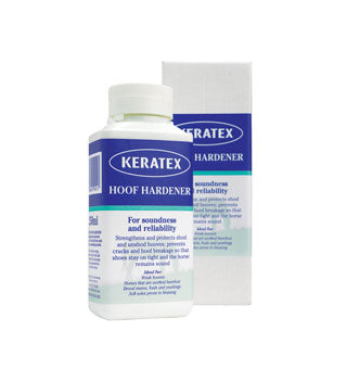 Keratex Hoof Hardener - 250 ml bottle next to packaging box