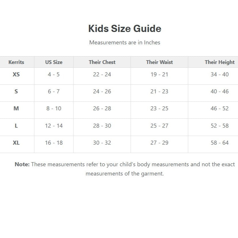 Kerrits Kids Performance Pocket Tight Size Guide measurements in inches