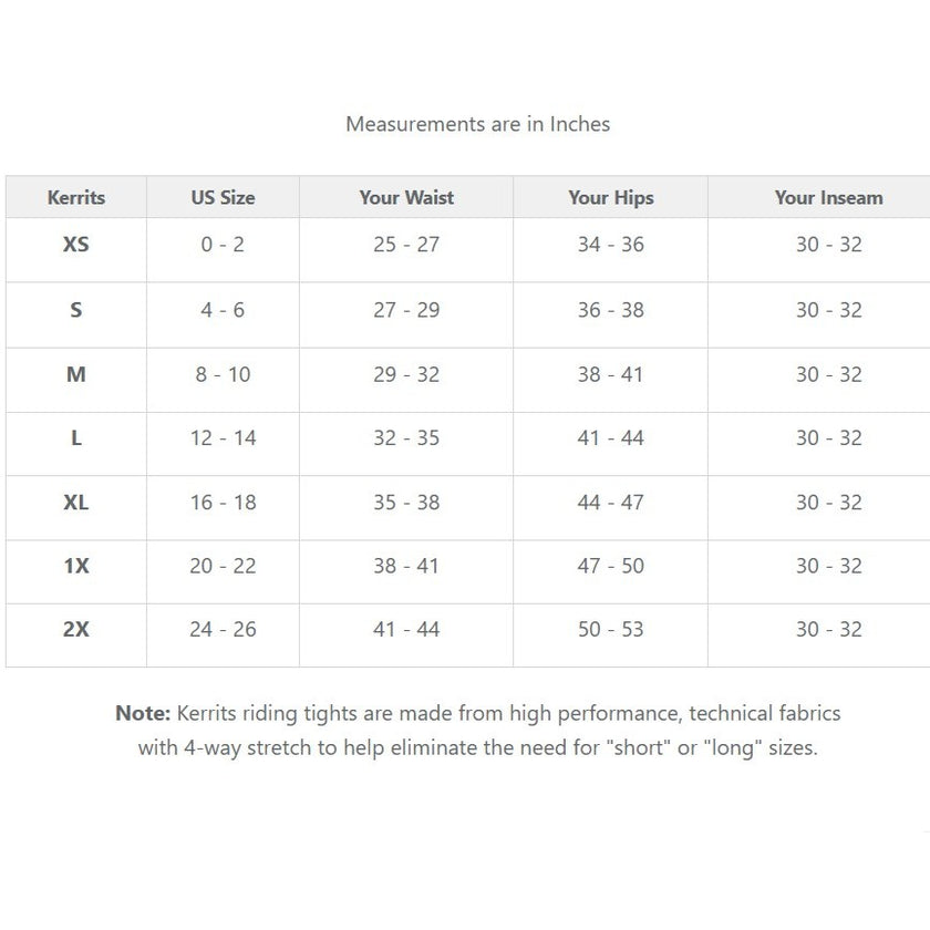 Kerrits Power Stretch® Fleece Knee Patch Pocket Tight showing detailed measurements.