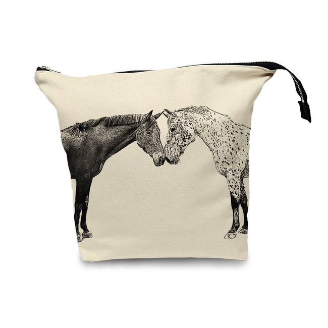 Kissing Horses Project Bag with illustration of two horses facing each other on a beige background