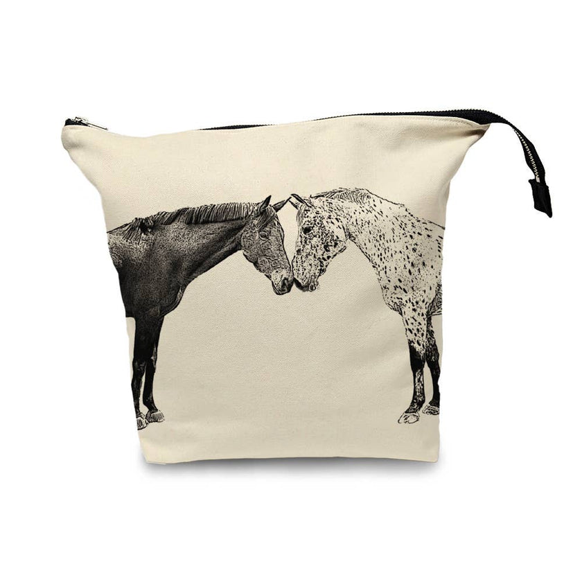 Kissing Horses Project Bag with illustration of two horses facing each other on a beige background