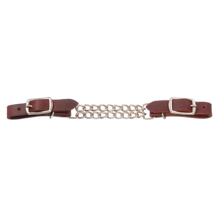 Leather Curb Strap with Double Chain - Brown leather curb strap with a nickel-plated double chain center and fully adjustable square buckle ends.