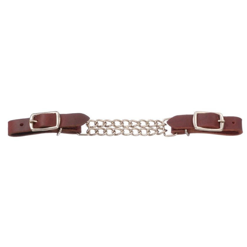 Leather Curb Strap with Double Chain - Brown leather curb strap with a nickel-plated double chain center and fully adjustable square buckle ends.