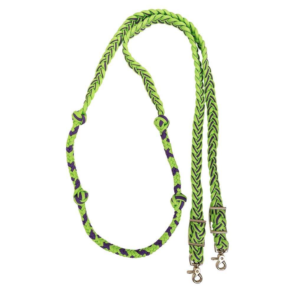 Martin Saddlery Braided Nylon Barrel Reins with Knots and Snap Ends Lime Green and Purple