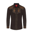 Brown embroidered shirt with gold designs on a white background