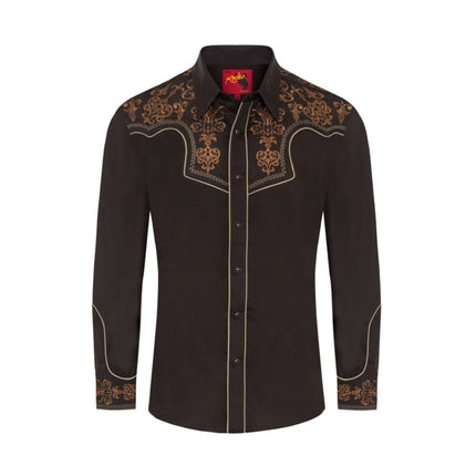 Brown embroidered shirt with gold designs on a white background