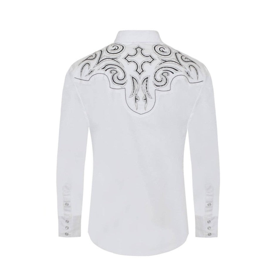 Men's Western Cowboy Embroidery Shirt - White shirt with intricate black embroidery and synthetic diamonds