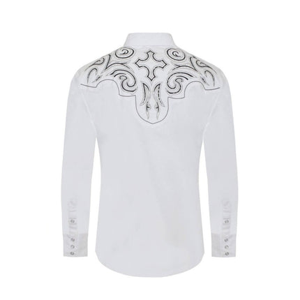 Men's Western Cowboy Embroidery Shirt - White shirt with intricate black embroidery and synthetic diamonds
