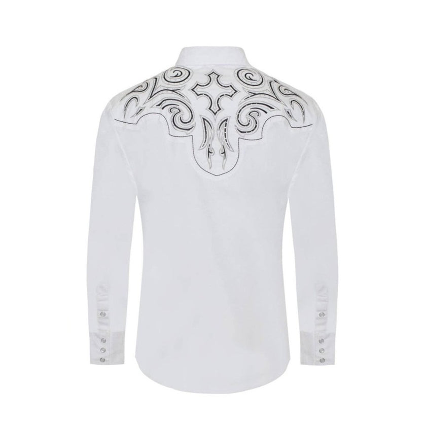 Men's Western Cowboy Embroidery Shirt - White shirt with intricate black embroidery and synthetic diamonds