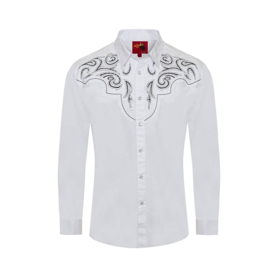 Men's Western Cowboy Embroidery Shirt - White shirt with intricate black embroidery and synthetic diamonds