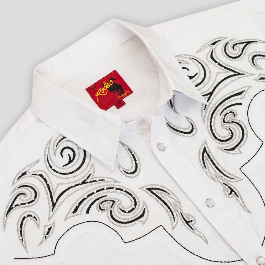 Men's Western Cowboy Embroidery Shirt showing front yoke with black embroidery and a red logo on a light gray background