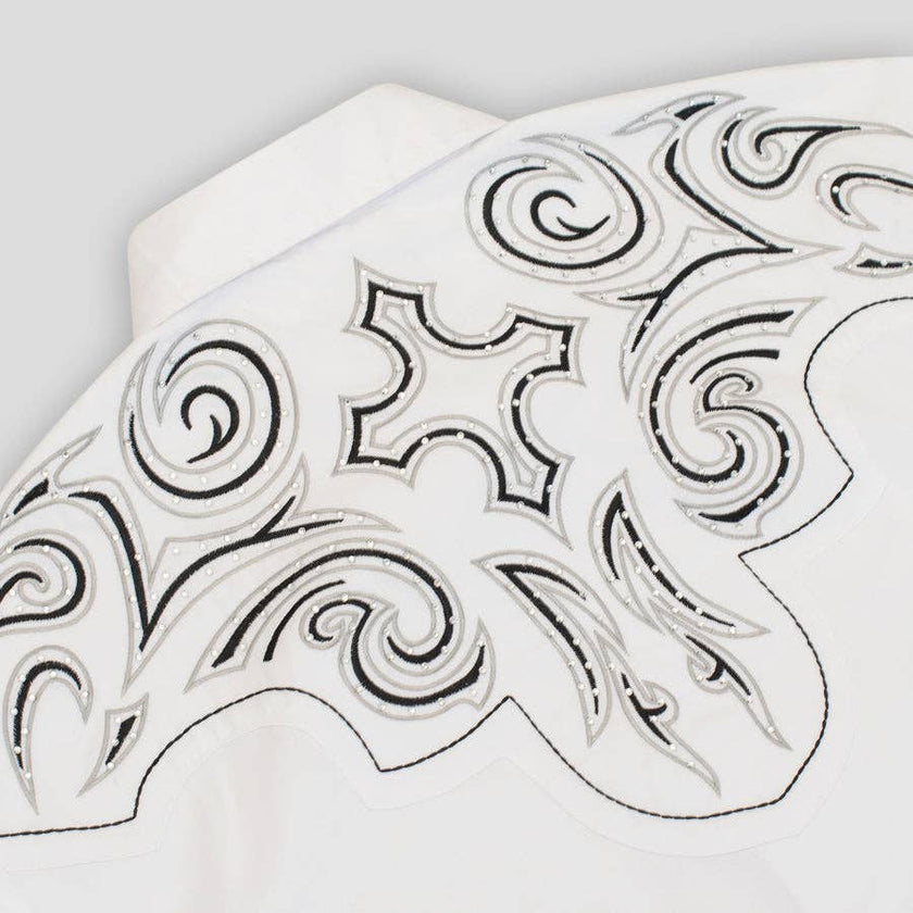 Men's Western Cowboy Embroidery Shirt showing back yoke with Decorative black pattern on a white surface