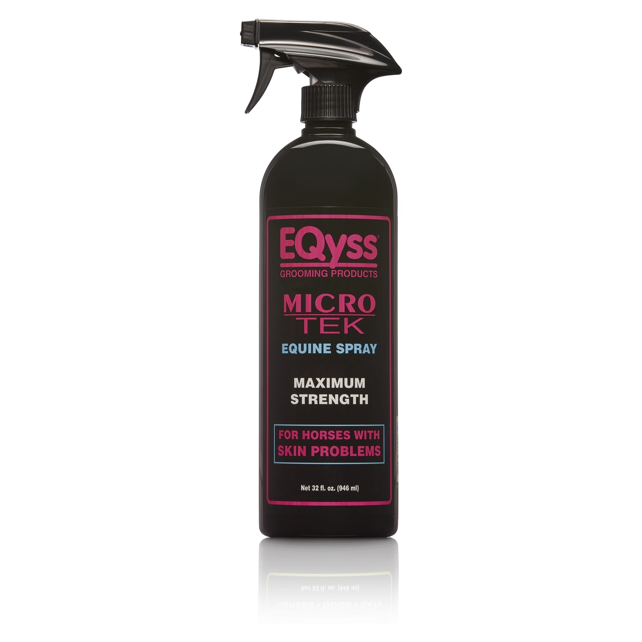 A black spray bottle labeled EQyss Micro-Tek Equine Spray with pink and white text, indicating it is a maximum strength product for horses with skin problems.