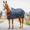 Horse wearing a Mio Insulator Medium 150g navy with red trim on a gravel path.