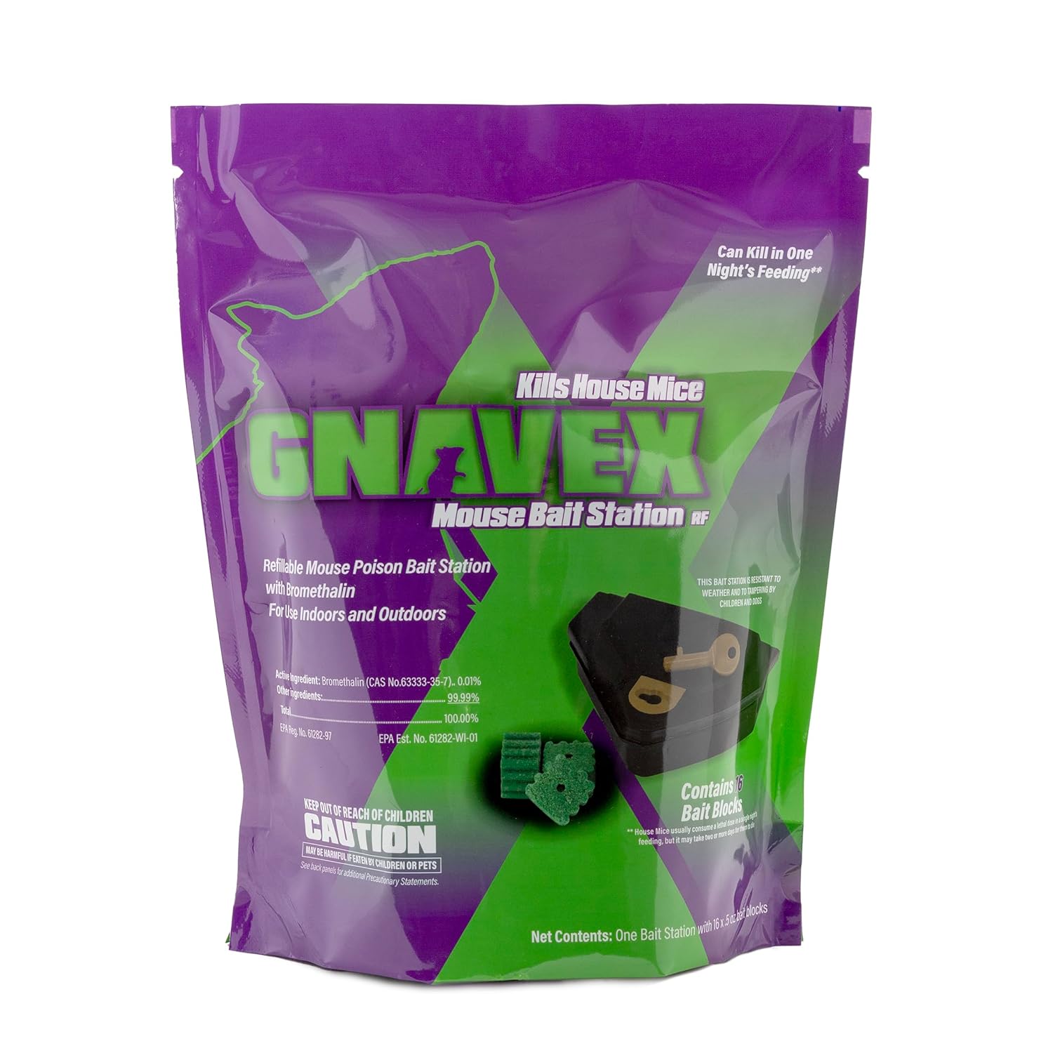 Gnavex Refillable Mouse Bait Station packaged with 16 count bait blocks front of pouch