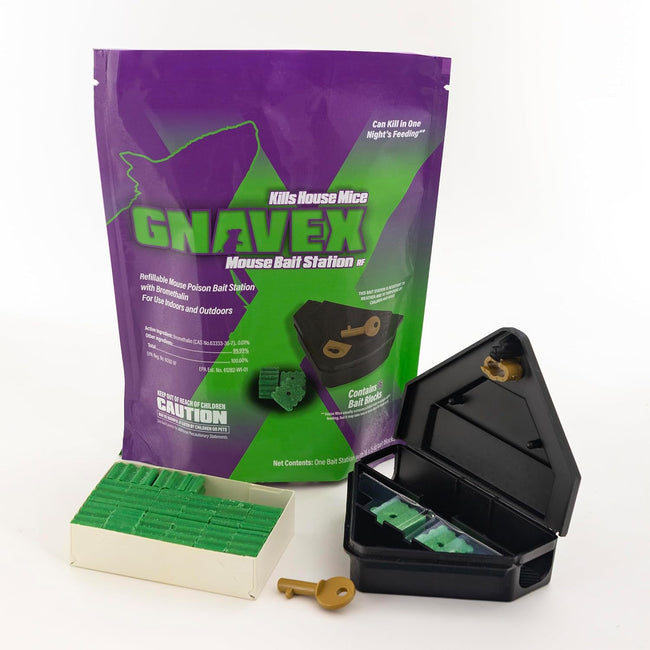 Gnavex Refillable Mouse Bait Station packaged with 16 count bait blocks 