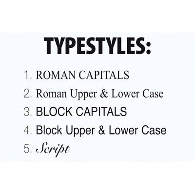 Detailed images of typestyles available for engraving Name Plates at Knightdale Horse Sports,