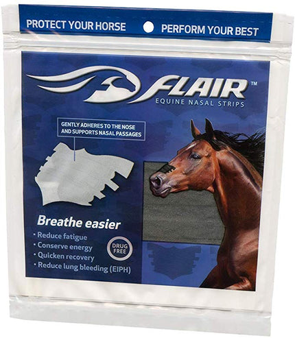 Nunn Finer Flair Nasal Strips packaging with a horse's face and product illustration.