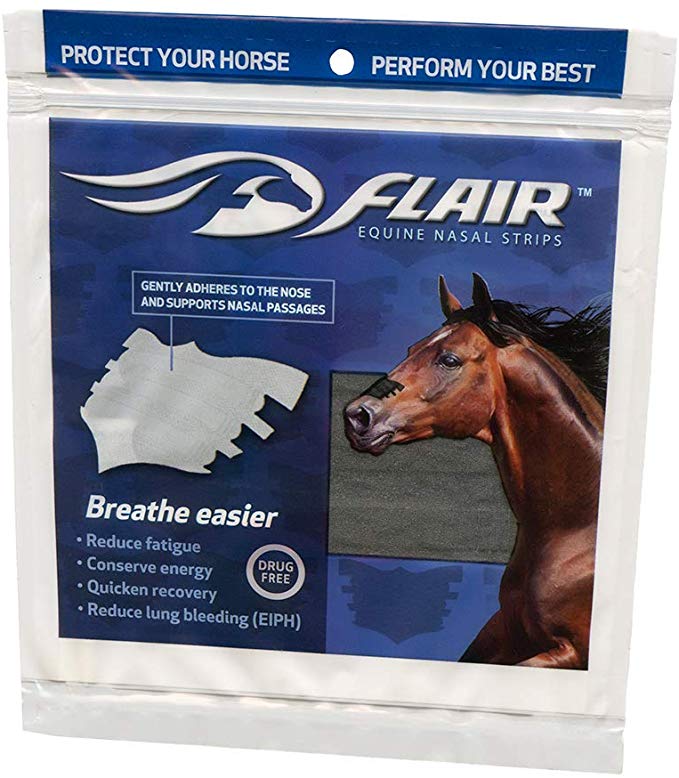 Nunn Finer Flair Nasal Strips packaging with a horse's face and product illustration.
