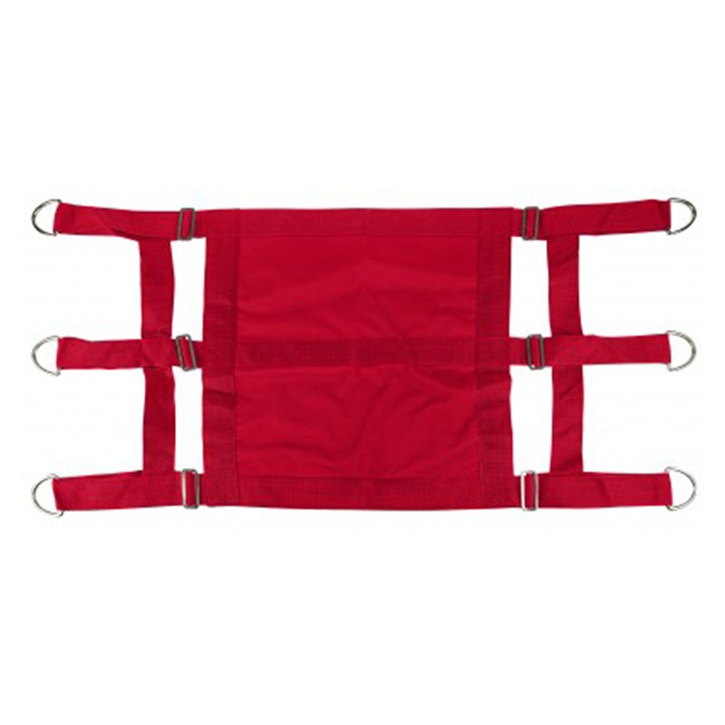 Red Gatsby® Nylon Stall Guard with metal rings and adjustable straps for horses.