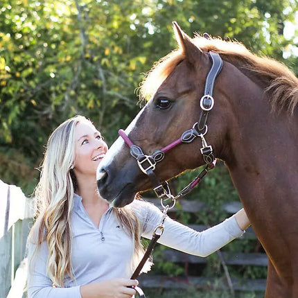 Oak Equestrian® OEQ® Leather Rope Halter in wine on a model pony