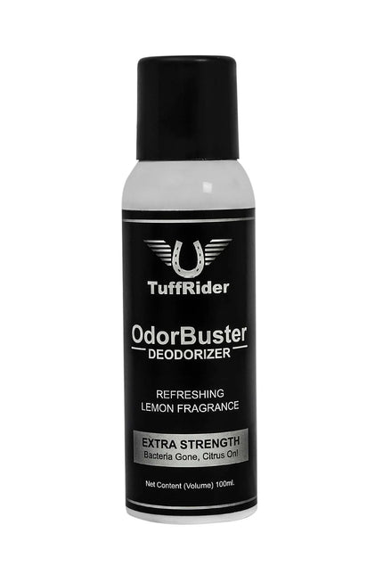 A black spray bottle labeled TuffRider Helmet Odor Buster with lemon fragrance. The text indicates it is a 100ml eco-friendly spray designed to refresh and sanitize.
