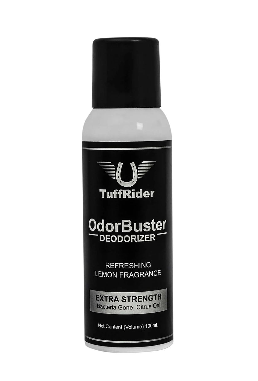 A black spray bottle labeled TuffRider Helmet Odor Buster with lemon fragrance. The text indicates it is a 100ml eco-friendly spray designed to refresh and sanitize.