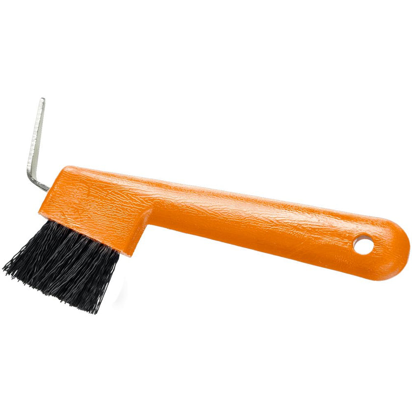 Tough1 Hoof Pick / Brush Combo in orange with a hole for hanging.