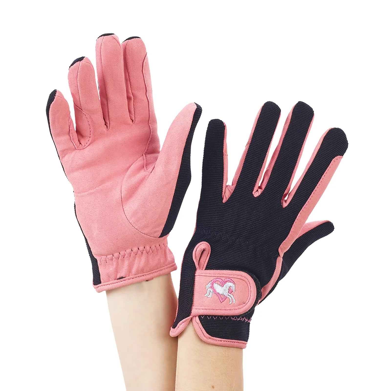 Ovation Childrens Hearts and Horses Gloves pink and black shown on both sides