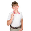 Young girl wearing a white Ovation® Kids EllieDX Show Shirt with a pink collar - belt not included in sale