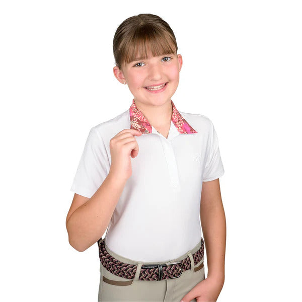 Young girl wearing a white Ovation® Kids EllieDX Show Shirt with a pink collar - belt not included in sale