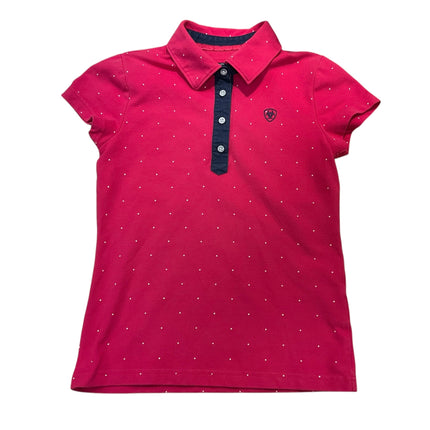 KHS EXCHANGE Ariat Girls 10 Pink w/ White Polka Dots Navy Trim Polo Shirt