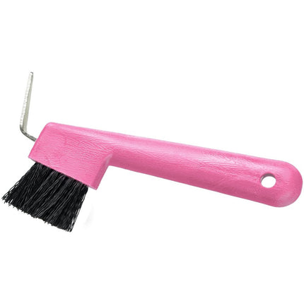 Tough1 Hoof Pick / Brush Combo in pink with a hole for hanging 