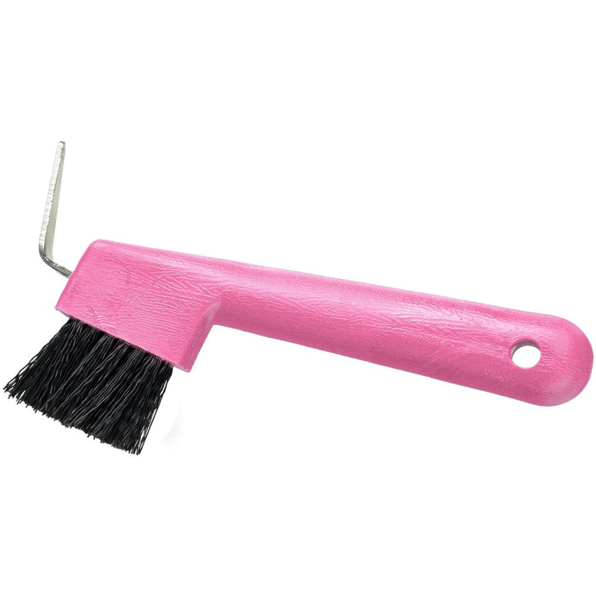 Tough1 Hoof Pick / Brush Combo in pink with a hole for hanging 